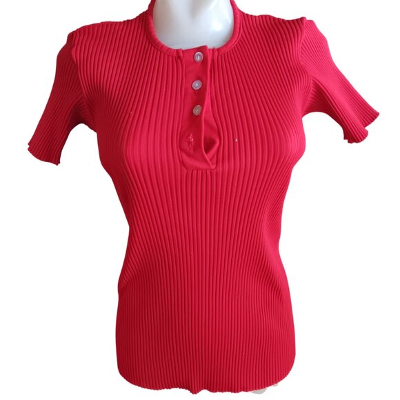 Vintage Women's Large Ribbed Stretch Top 1970's Disco Red Short Sleeve T-shirt - Picture 2 of 7